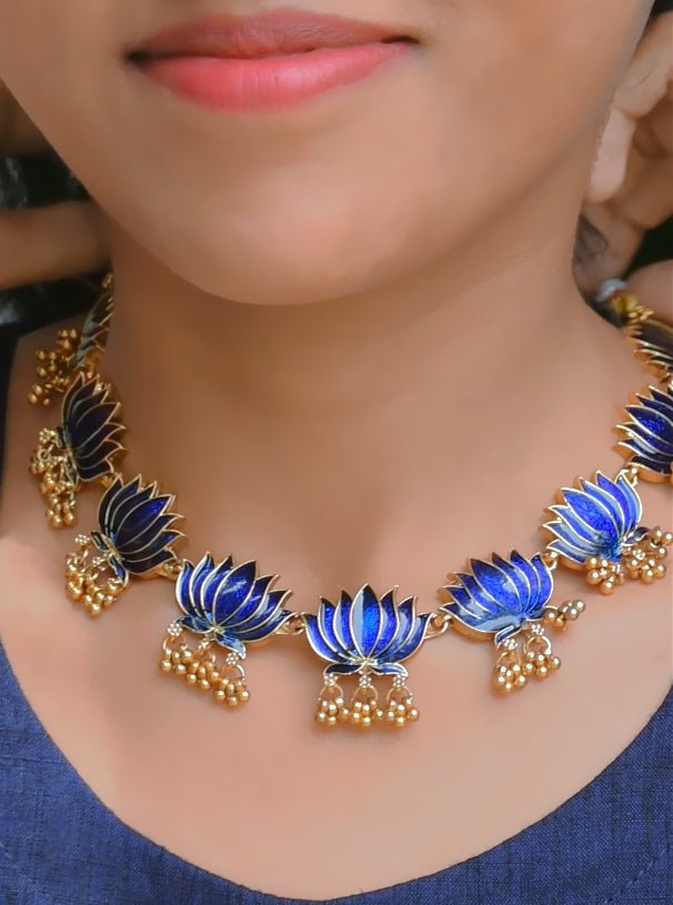 Blooming Matte Gold Plated Lotus Ghunghroo Necklace Set - KSupreme