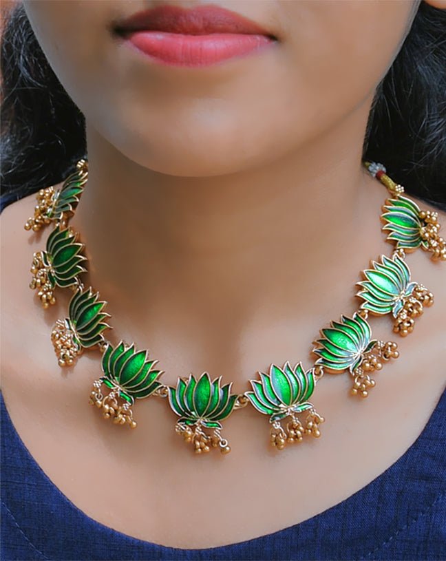 Blooming Matte Gold Plated Lotus Ghunghroo Necklace Set - KSupreme