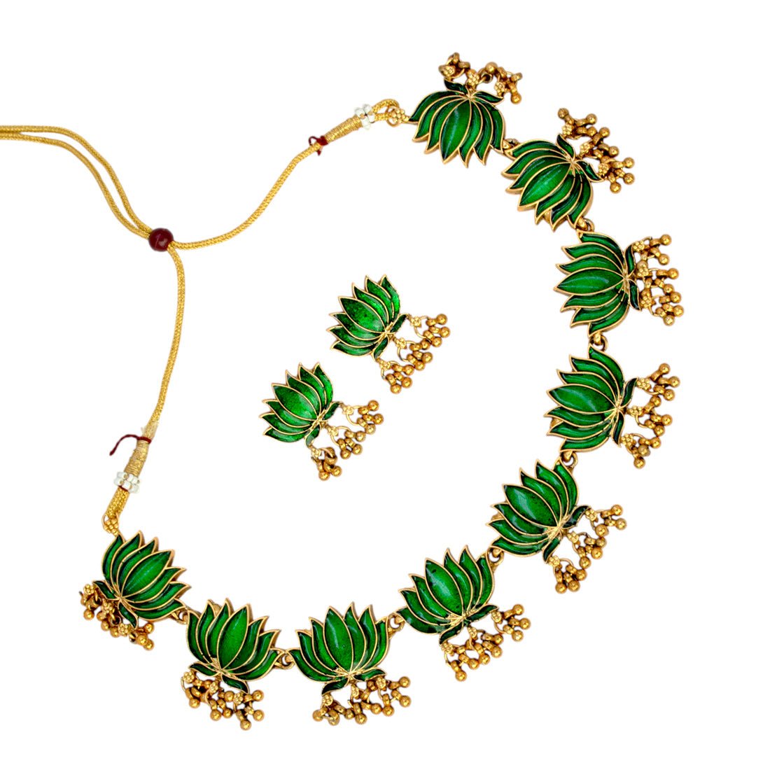 Blooming Matte Gold Plated Lotus Ghunghroo Necklace Set - KSupreme