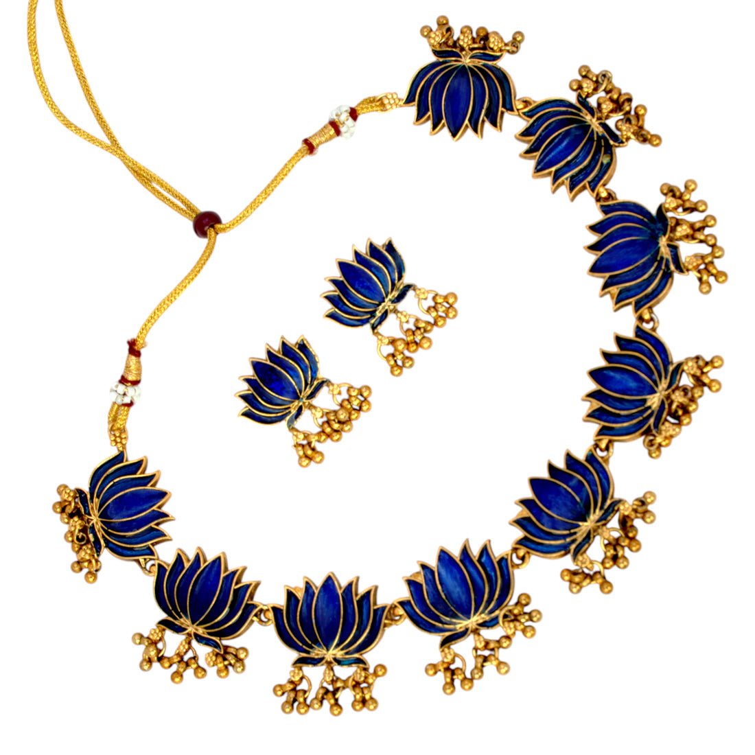 Blooming Matte Gold Plated Lotus Ghunghroo Necklace Set - KSupreme