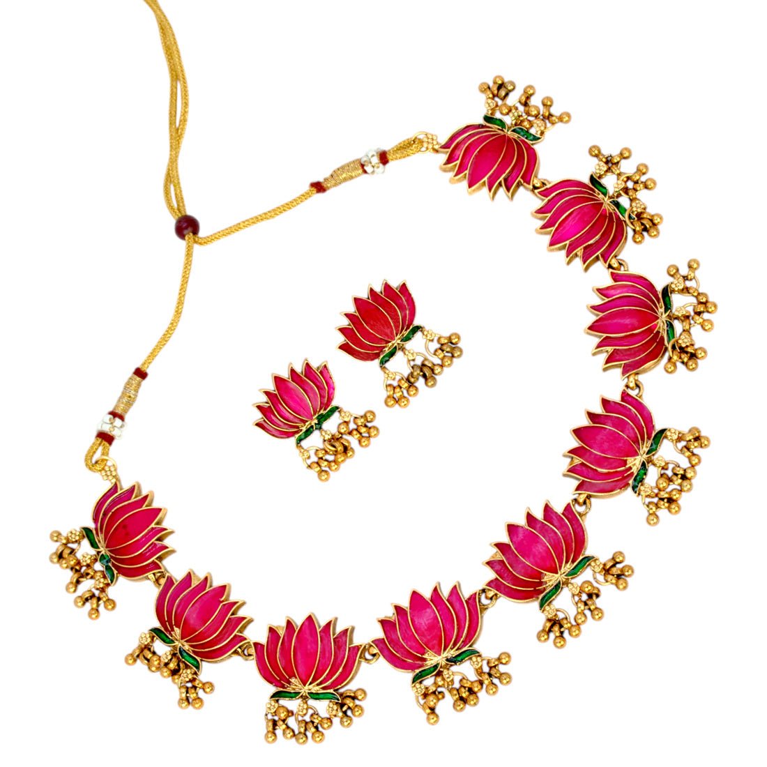 Blooming Matte Gold Plated Lotus Ghunghroo Necklace Set - KSupreme