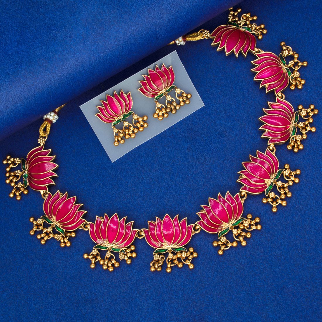 Blooming Matte Gold Plated Lotus Ghunghroo Necklace Set - KSupreme