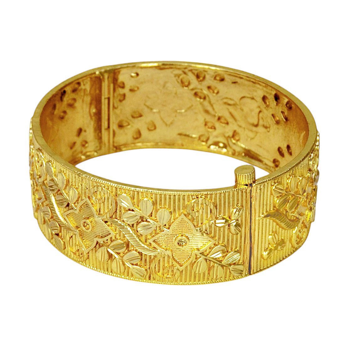 Charming Floral Gold Plated Broad Bridal Screw Bangle - KSupreme