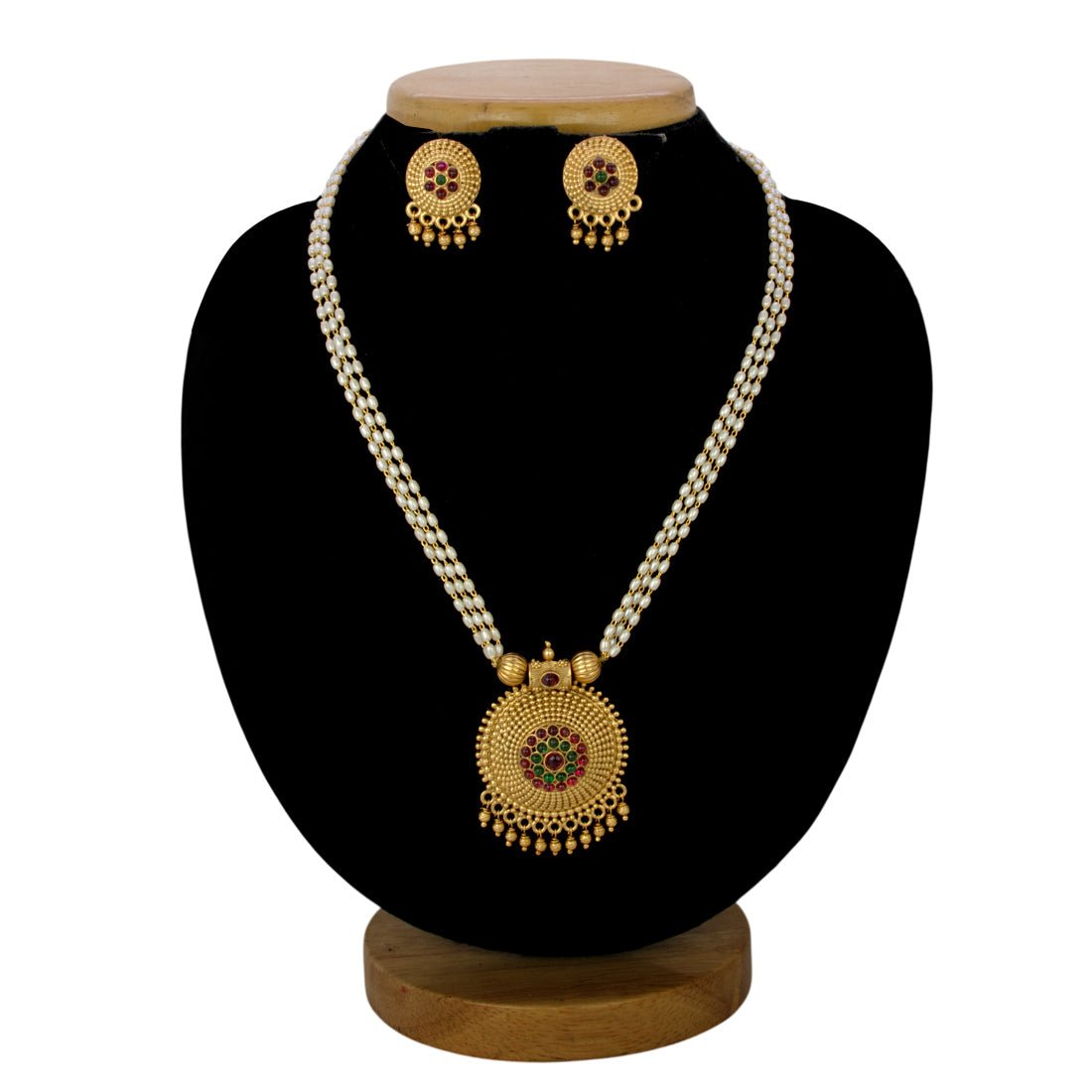 Classy Kemp Stone Pendant Triple Layer Pearl Chain Set - KSupreme
