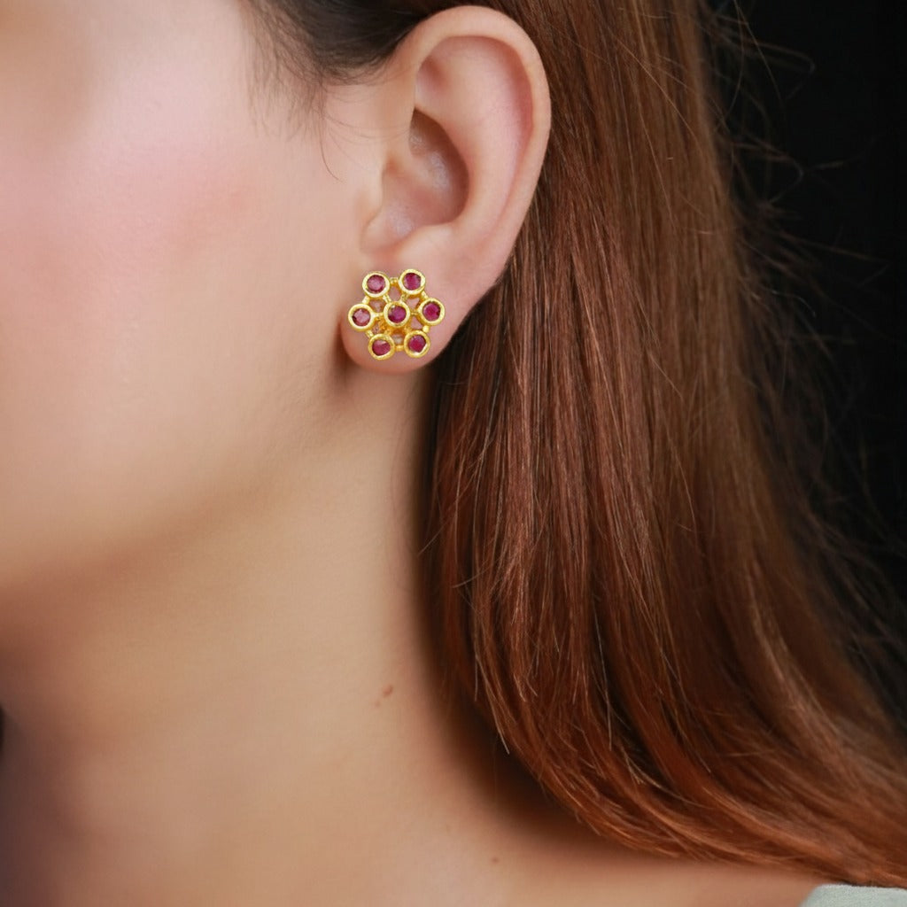 Alluring Gold Plated Floral Ruby Stud Earrings