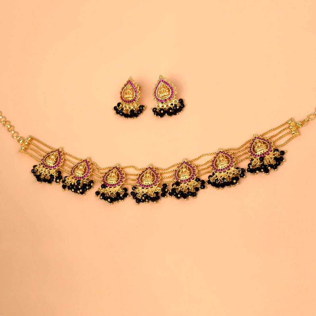 Divine Gold Plated Ruby Lakshmi Crystal Choker Necklace Set - K Supreme