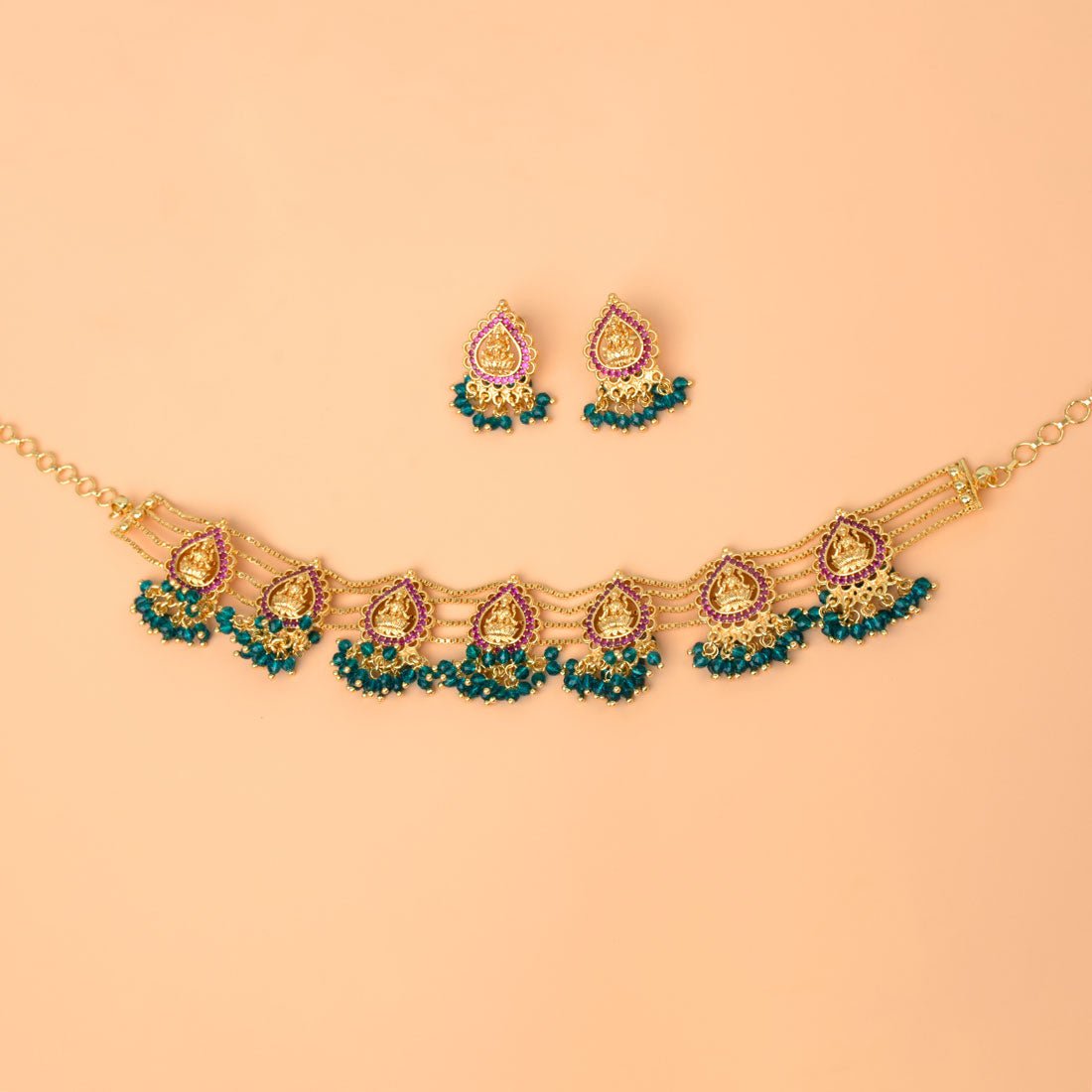Divine Gold Plated Ruby Lakshmi Crystal Choker Necklace Set - K Supreme