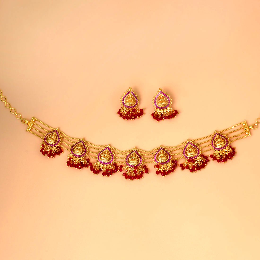Divine Gold Plated Ruby Lakshmi Crystal Choker Necklace Set - K Supreme