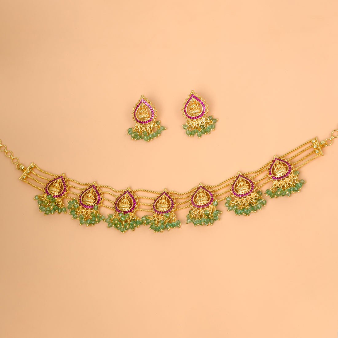 Divine Gold Plated Ruby Lakshmi Crystal Choker Necklace Set - K Supreme