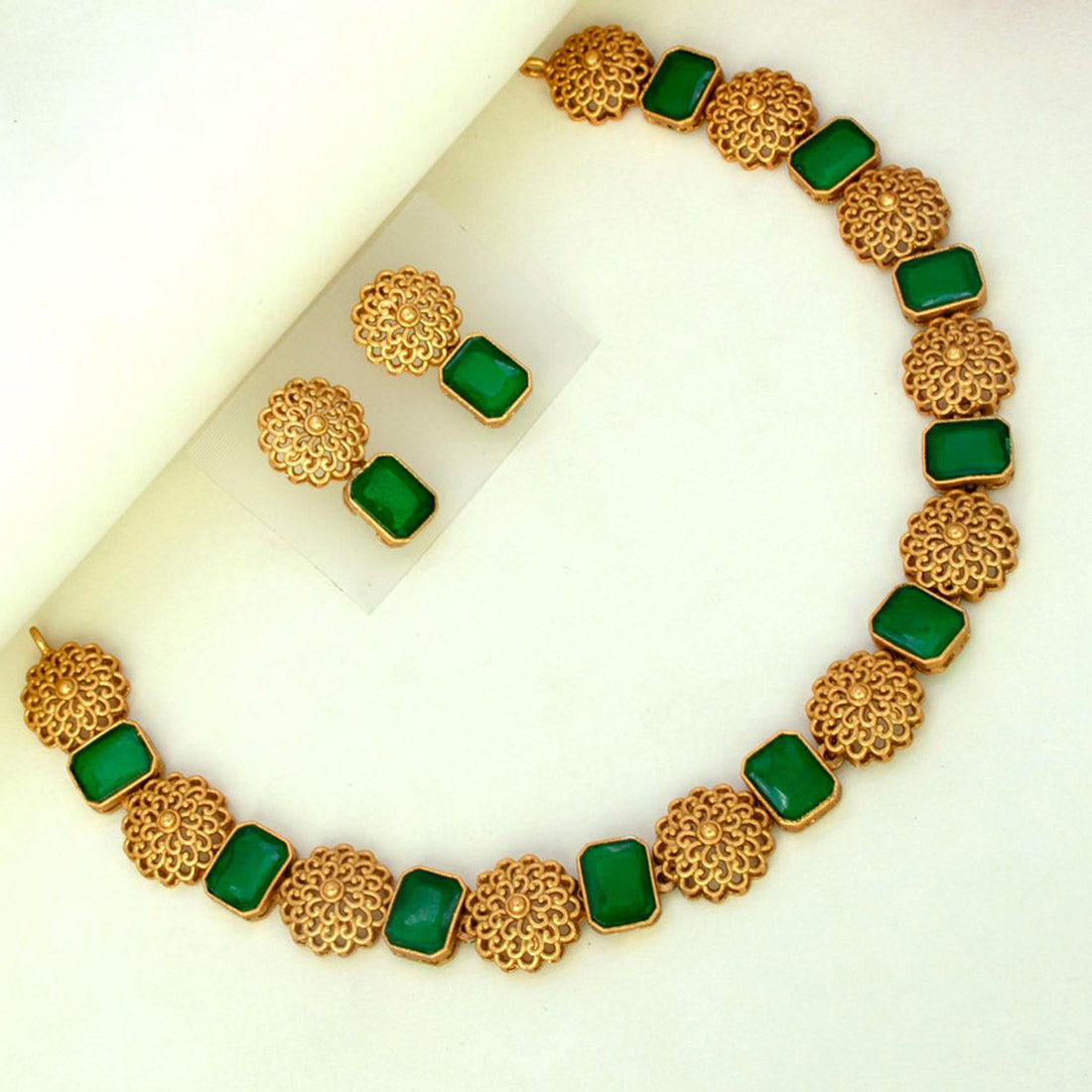 Elegant Antique Floral Square Stone Sufi Necklace Set - K Supreme