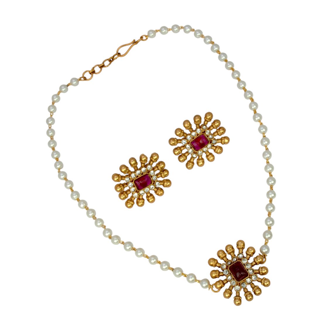 Elegant Antique Kemp Stone Pendant Pearl Choker Set - KSupreme