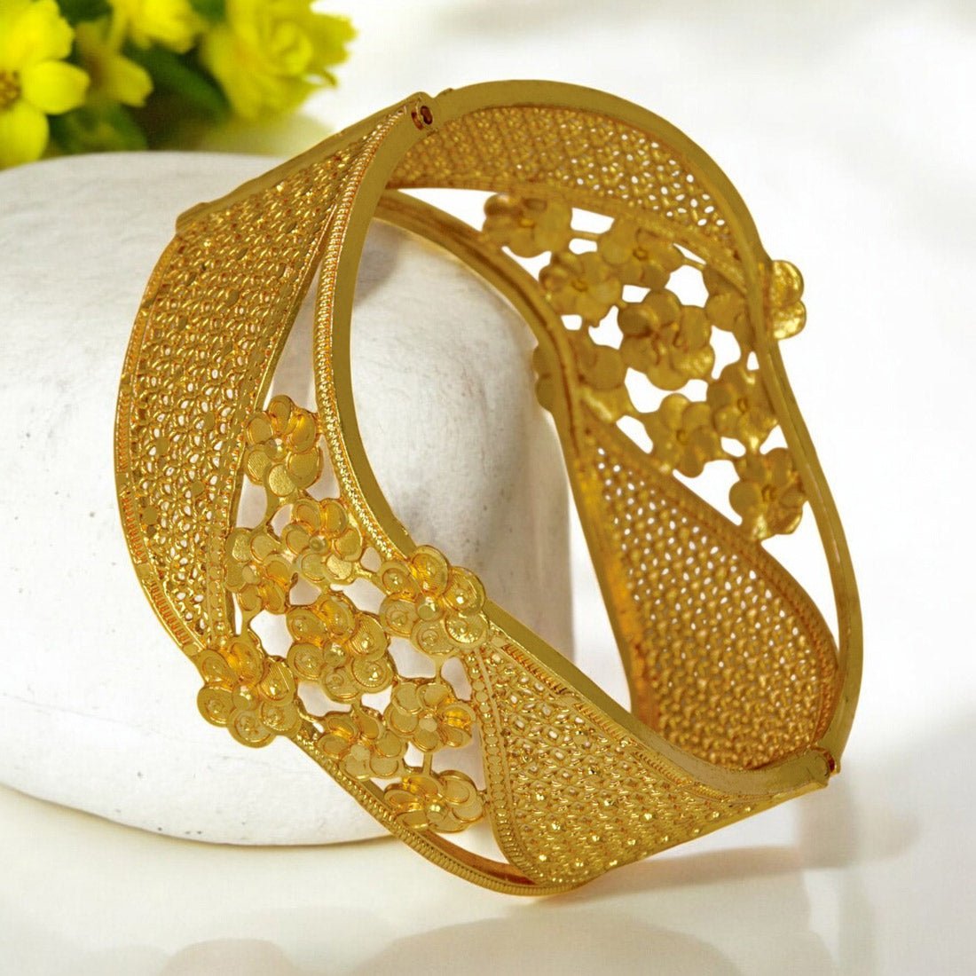 Elegant Floral Design Gold Plated Broad Bridal Bangle - KSupreme