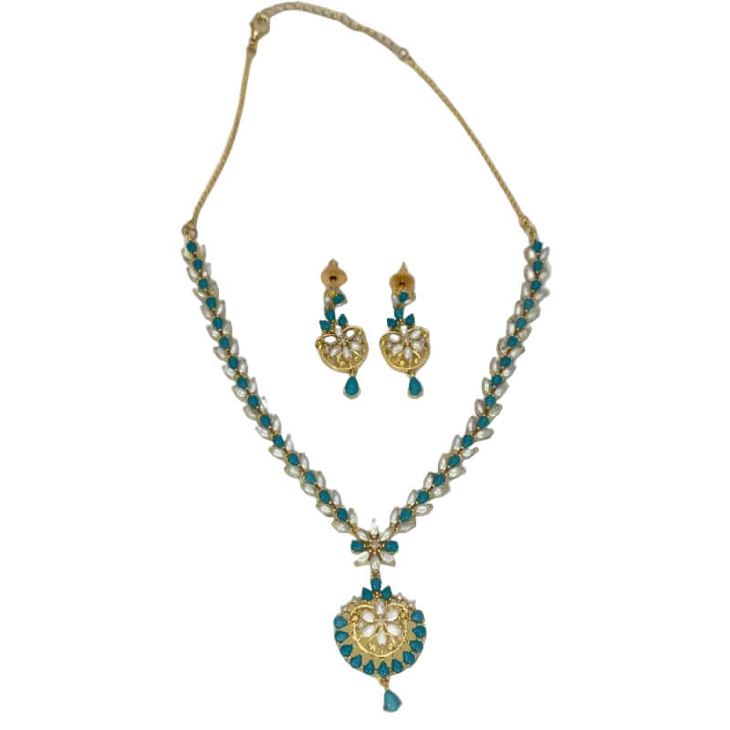 Elegant Gold Plated Blue and White Pearl Necklace Set - K Supreme