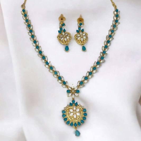 Elegant Gold Plated Blue and White Pearl Necklace Set - K Supreme