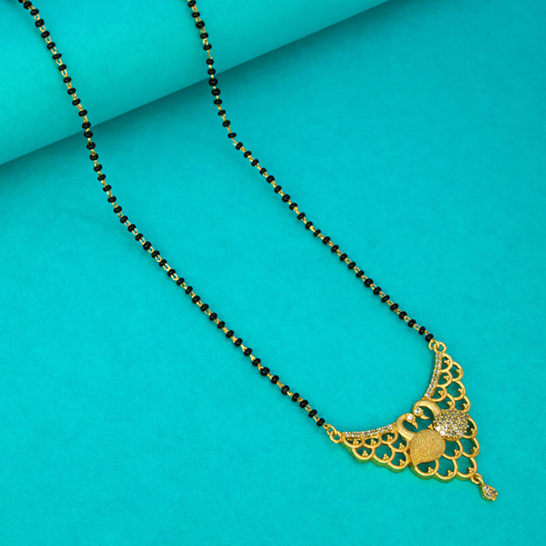 Elegant Gold Plated CZ Twin Peacock Pendant Mangalsutra