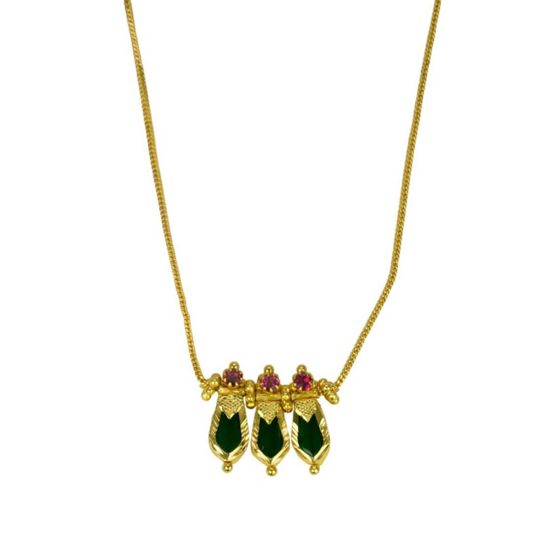 Elegant Gold Plated Green Nagapadam Pendant Necklace featuring three pendants adorned with rubies.