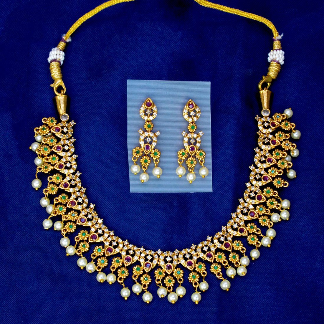 Elegant Multi Colour Stone Pearl Hanging Necklace Set - KSupreme