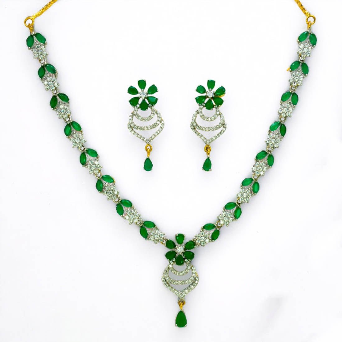 Enchanting Gold - Plated Emerald American Diamond Necklace Set - K Supreme