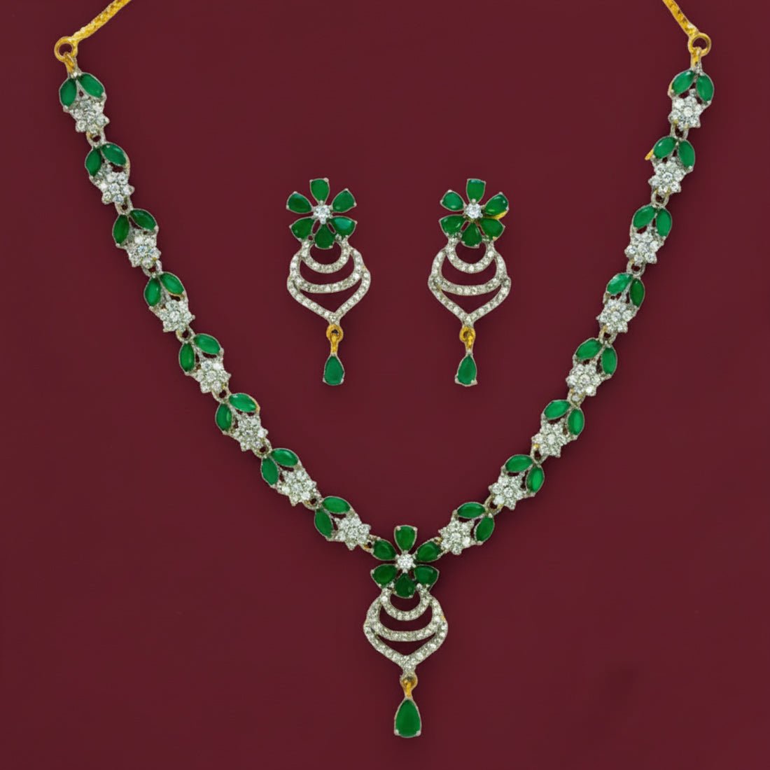 Enchanting Gold - Plated Emerald American Diamond Necklace Set - K Supreme