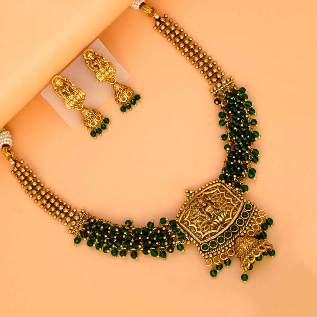 Ethnic Antique Gold Plated Crystal Lakshmi Necklace Set - KSupreme