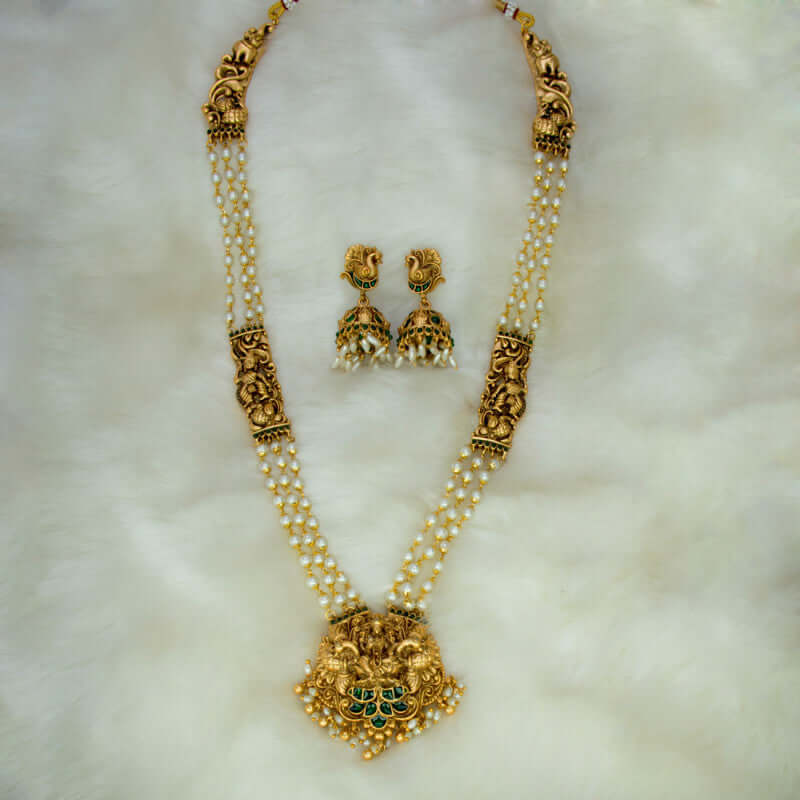 Ethnic Antique Lakshmi-Peacock Pearls Long Necklace Set- Green