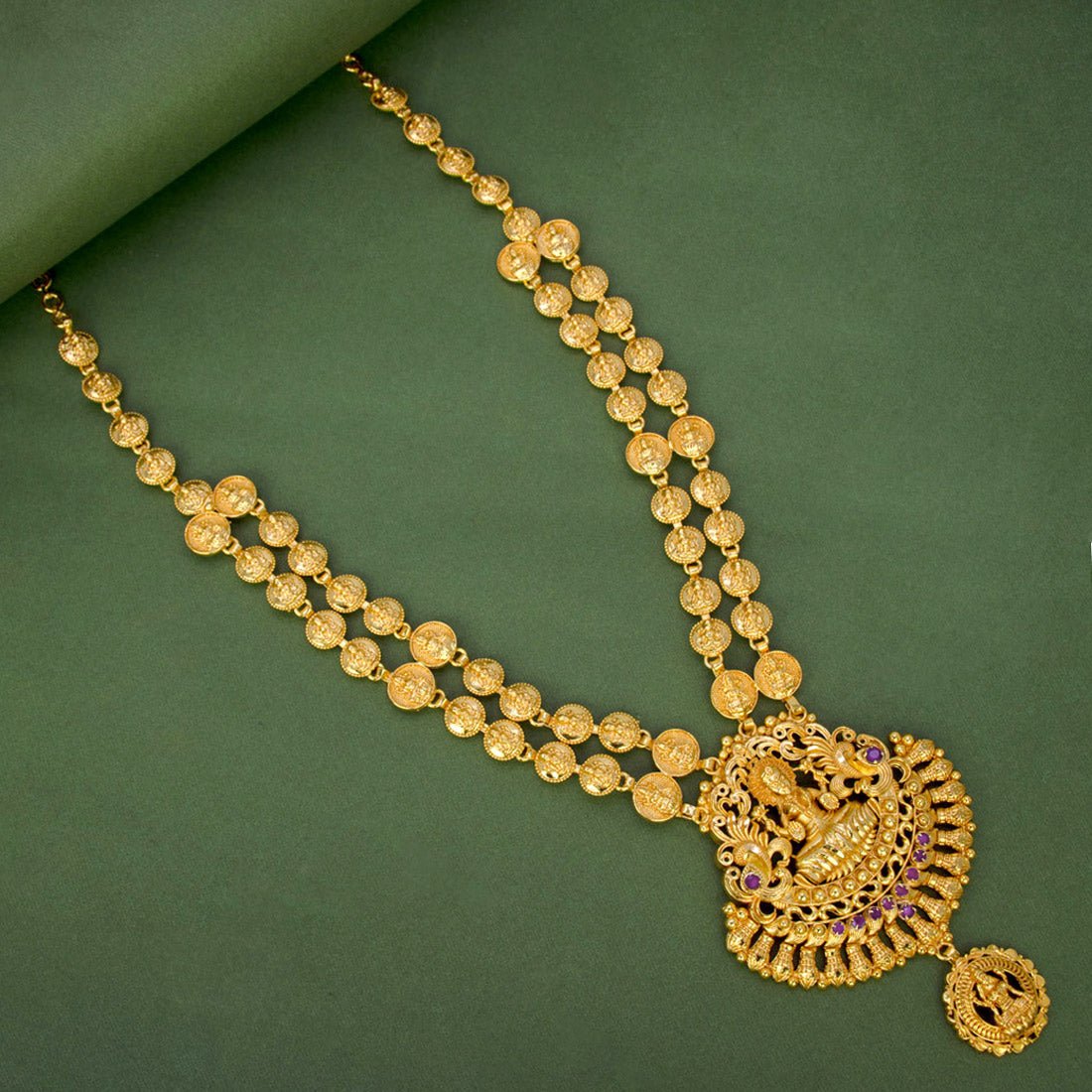 Ethnic Matte Gold Plated Lakshmi Kasu Long Necklace - K Supreme