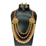 Ethnic Tri - Layered Kemp Stones Lakshmi Kasu Long Necklace Set - K Supreme