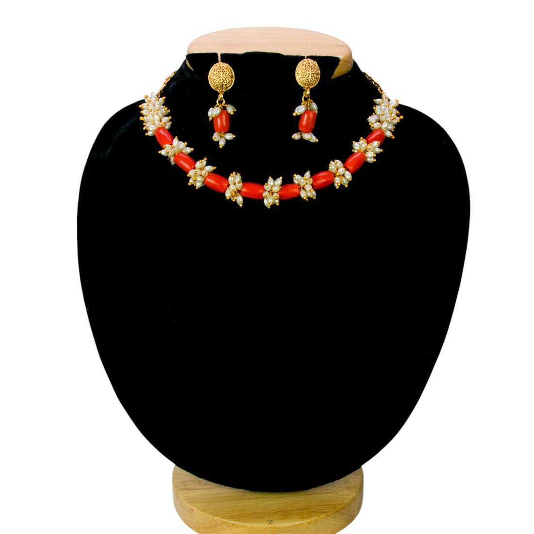 Exquisite Gold Plated Coral Beads And Pearls Choker Set - K Supreme