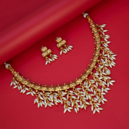Exquisite Gold Plated Hanging Pearls Choker Set - K Supreme