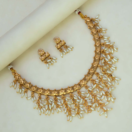 Exquisite Gold Plated Hanging Pearls Choker Set - K Supreme