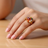 Floral Gold Plated Navratna Ladies Finger Ring - K Supreme