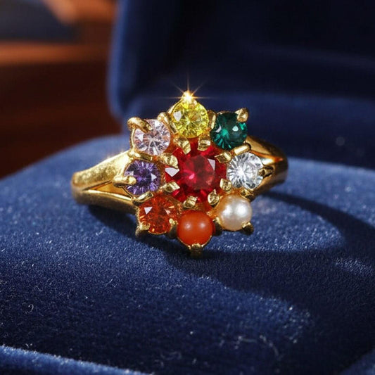 Floral Gold Plated Navratna Ladies Finger Ring - K Supreme