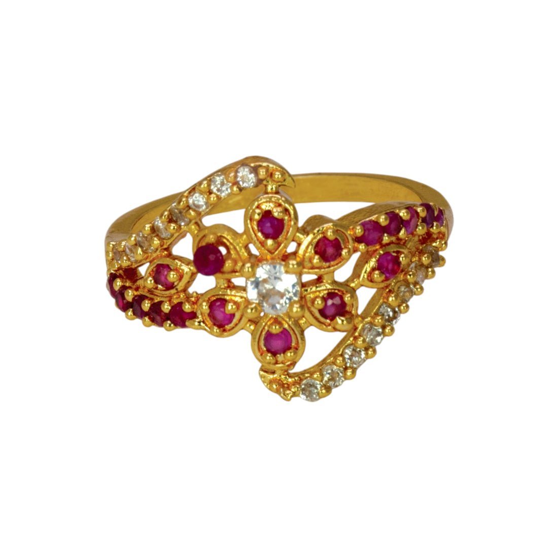 Floral Gold Plated Ruby CZ Stone Ladies Finger Ring - KSupreme