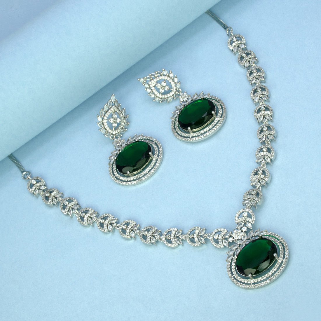 Glorious Silver Tone American Diamond Emerald Necklace Set - K Supreme