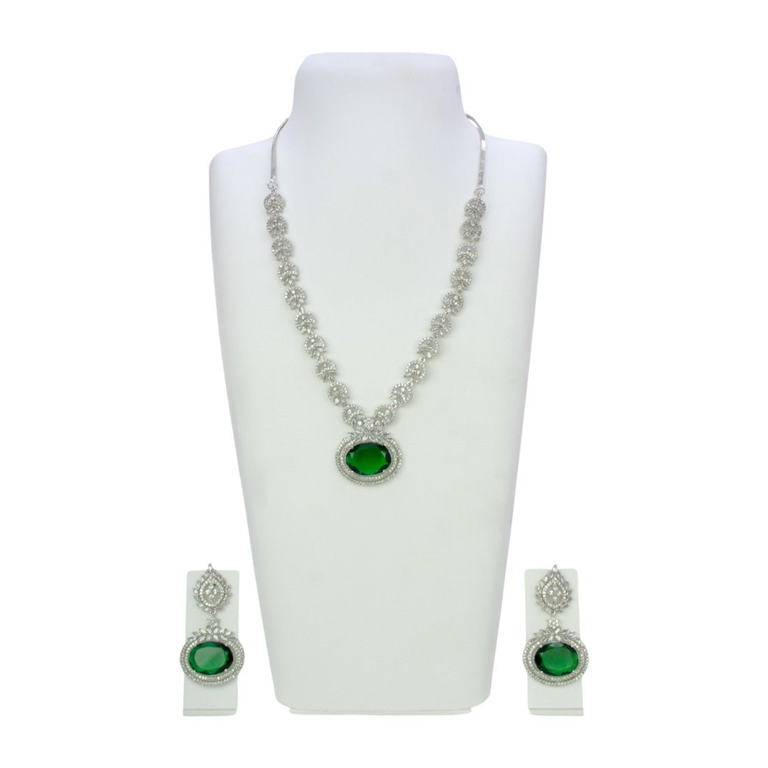 Glorious Silver Tone American Diamond Emerald Necklace Set - K Supreme