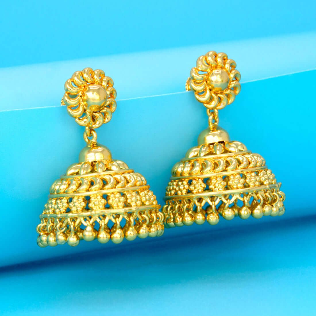 Gold Plated Big Floral Design Umbrella Jhumka Earrings - K Supreme
