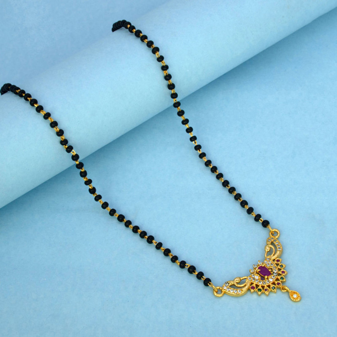 Gold Plated Black Beads Peacock Pendant Mangalsutra