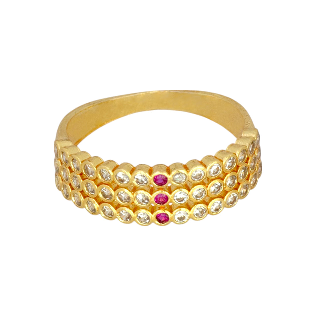 Gold plated ring with embedded ruby cz stones on a white background