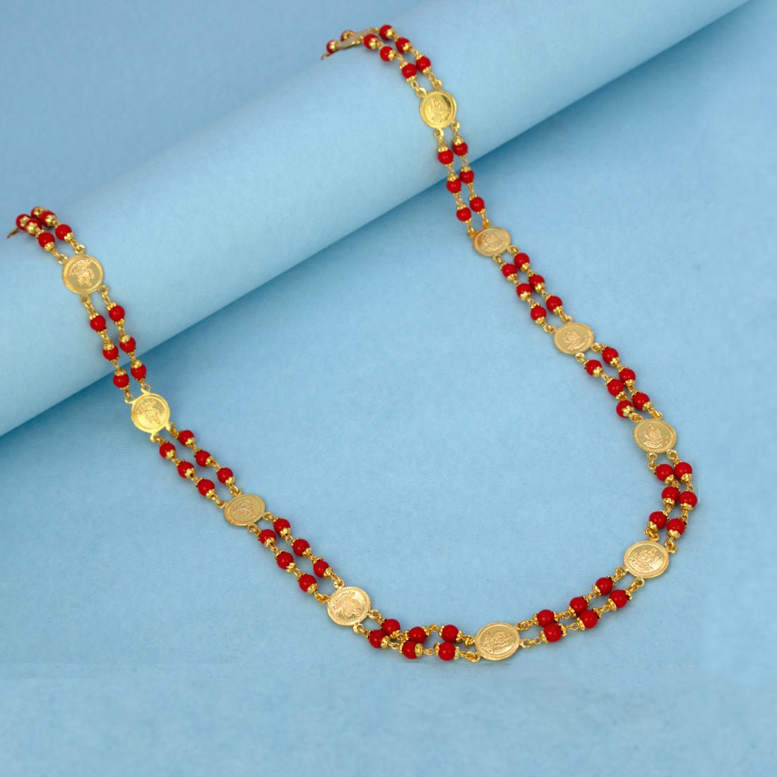 Gold Plated Double - Layered Red Coral Lakshmi Kasumala - KSupreme