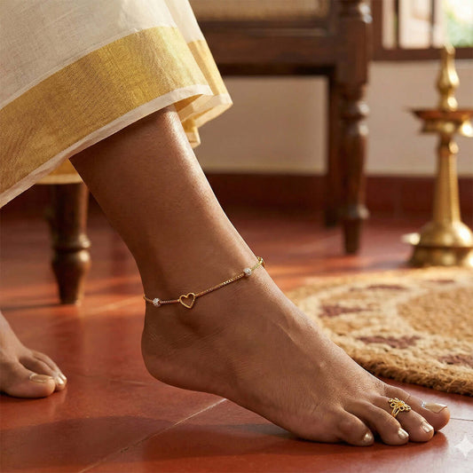 Gold Plated Dual - Tone Bead Heart Box Chain Anklets - K Supreme
