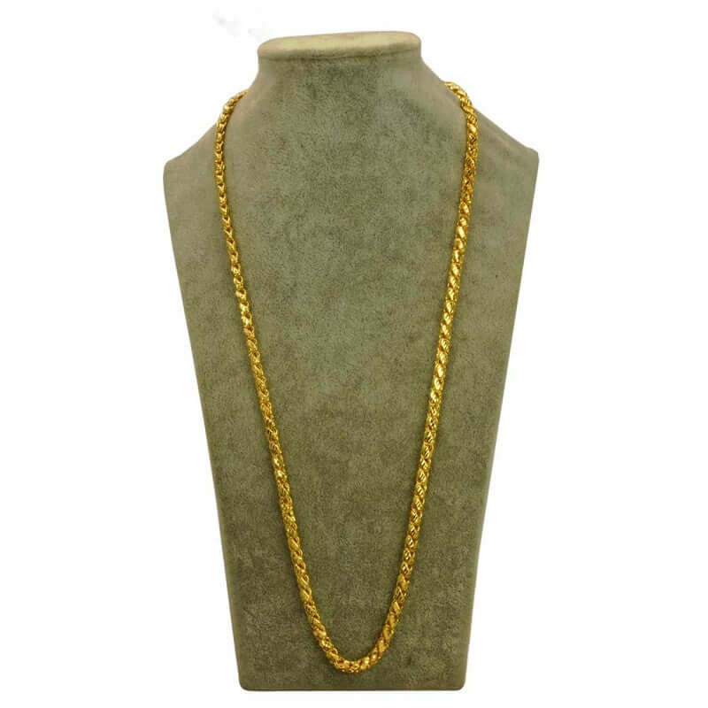 Gold Plated Nice Designer Saniya Chain displayed on a bust mannequin, showcasing its stylish design and shiny finish.