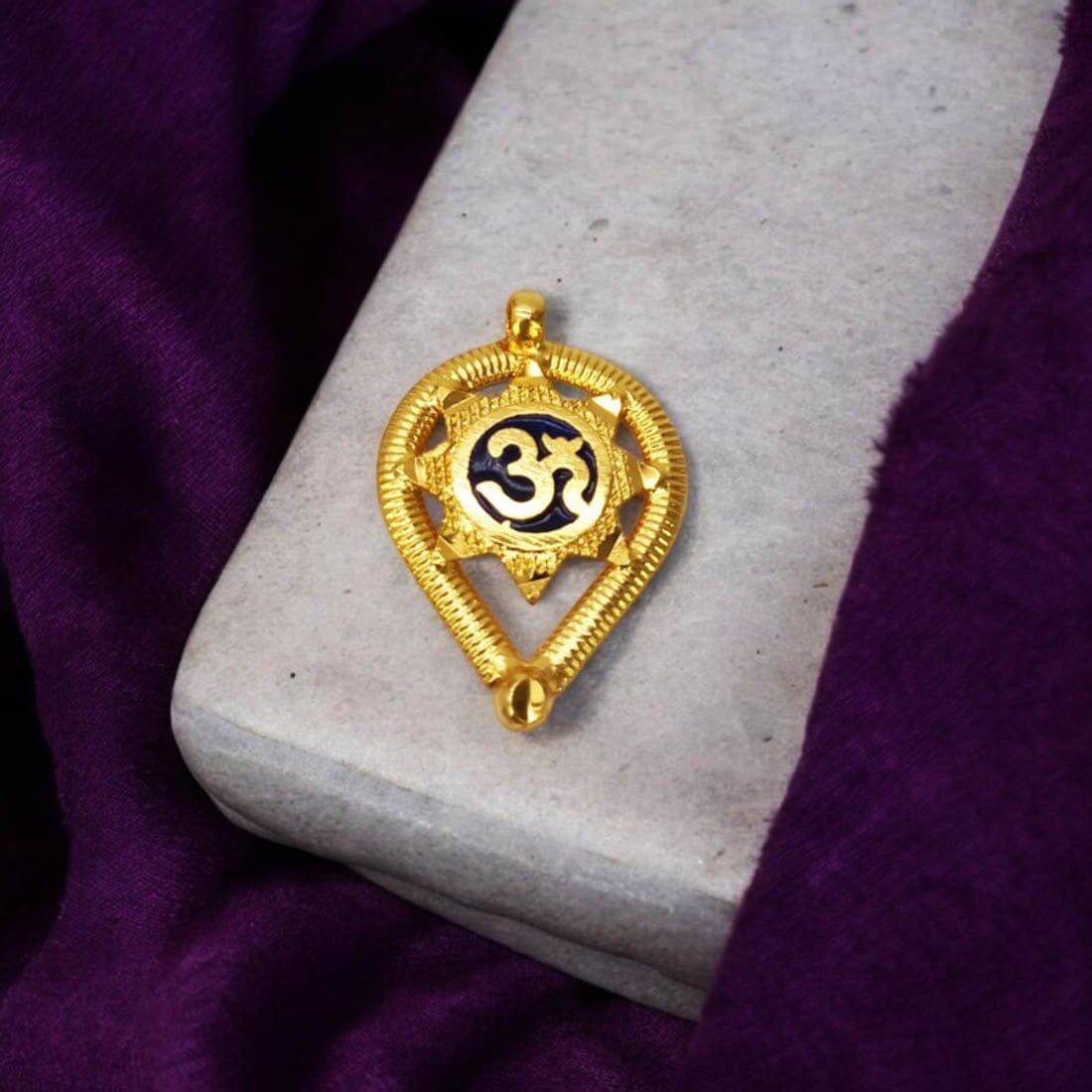 Gold Plated Om Engraved Blue Enamel Thali Pendant - K Supreme