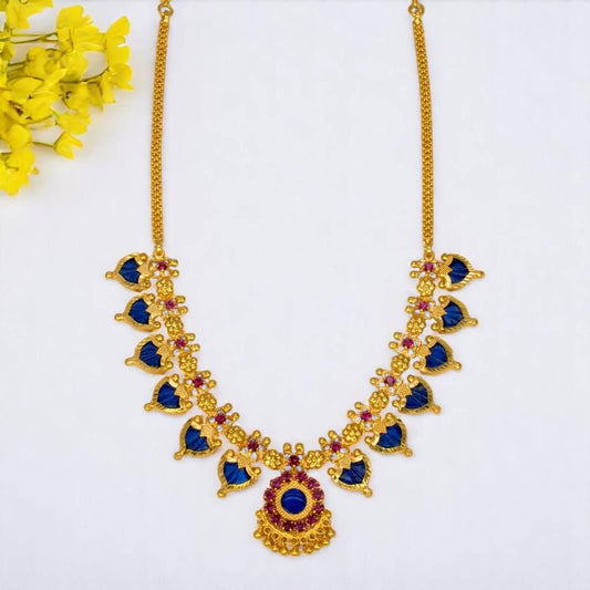Gold Plated Ruby Stone Blue Palakka Necklace adorned with vibrant stones and intricate design.