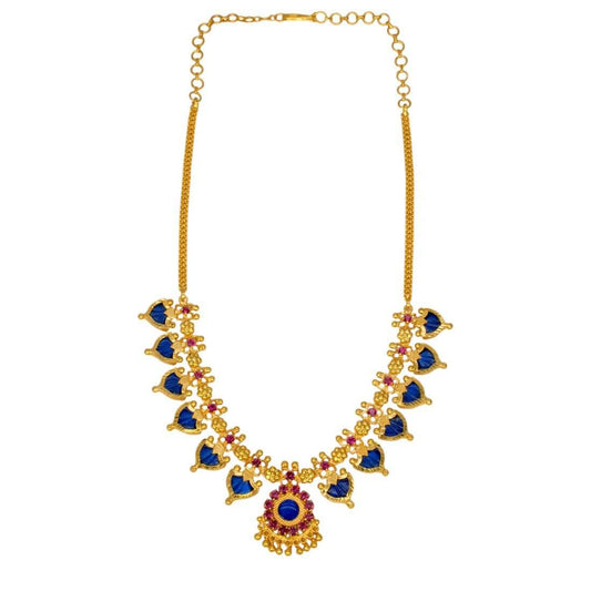 Gold Plated Ruby Stone Blue Palakka Necklace with blue stones and golden bead hangings for festive occasions.