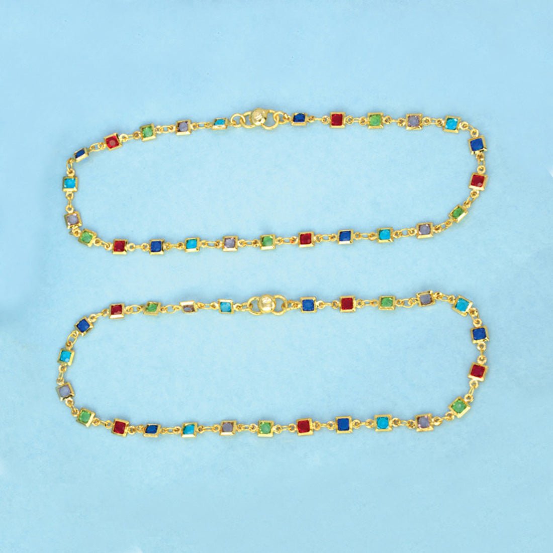 Gold Plated Square - Cut Multi - colour Stone Anklets - KSupreme