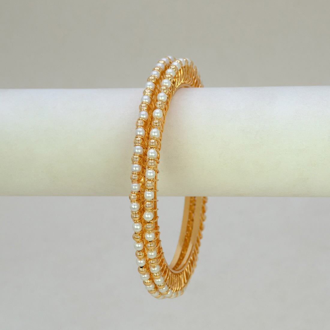 Gold - Plated Thin Pearl and Golden Bead Bangles - K Supreme