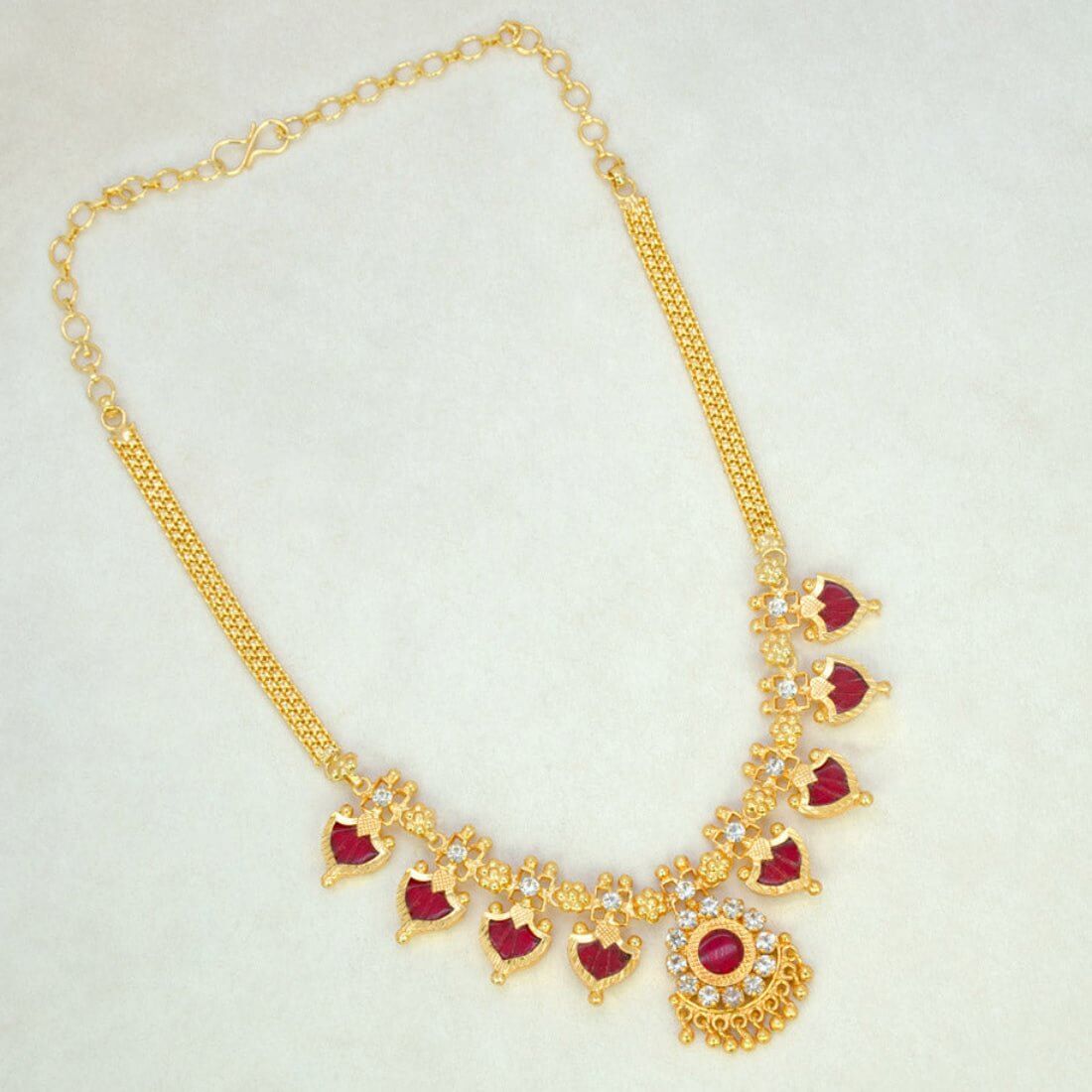Gold Plated Traditional Palakka Necklace - 4 Stone - Red