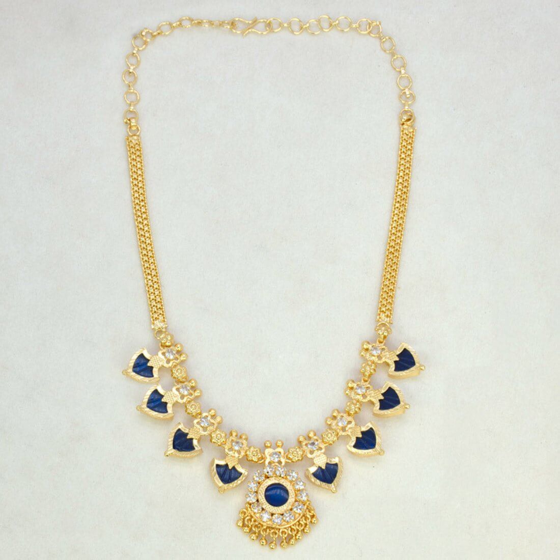 Gold Plated Traditional Palakka Necklace - 4 Stone - Blue