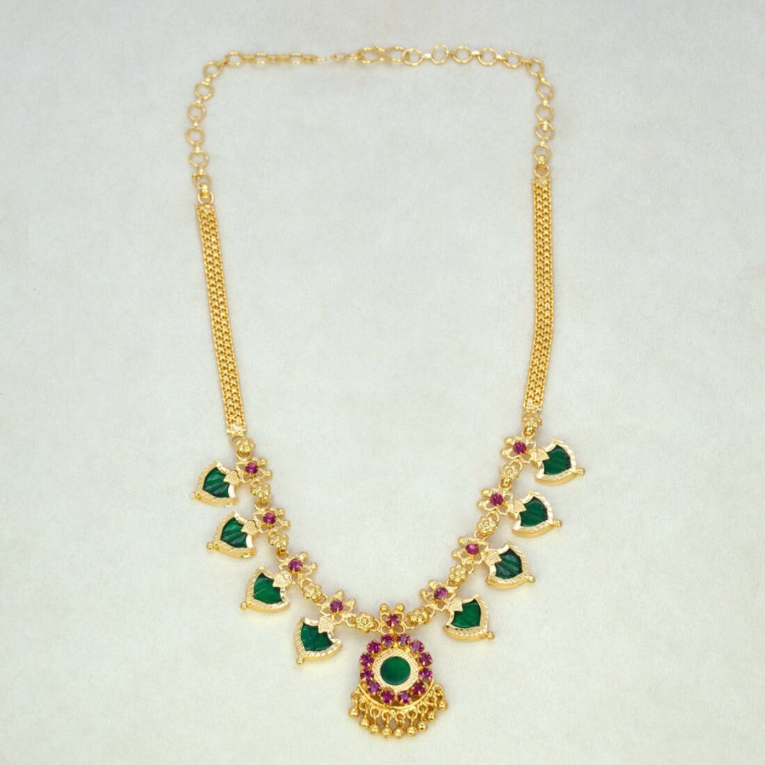 Gold Plated Traditional Palakka Necklace- 4 Stone - Green