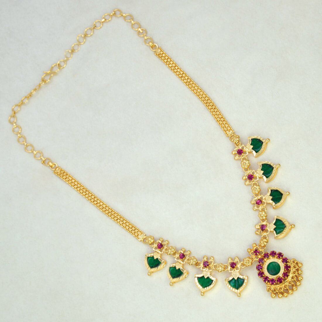 Gold Plated Traditional Palakka Necklace- 4 Stone - Green
